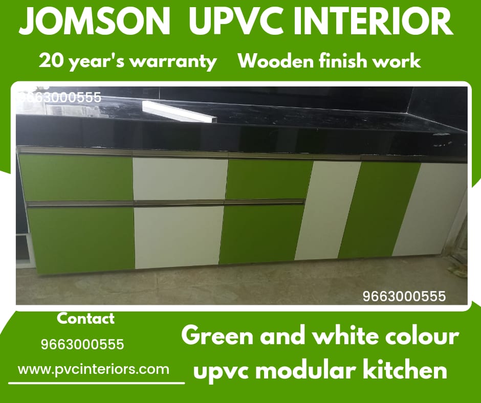 green and white color modular kitchen